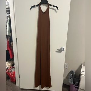 Brown Ruched Open Back Halter Midi Dress High Slit Slinky Sexy XS